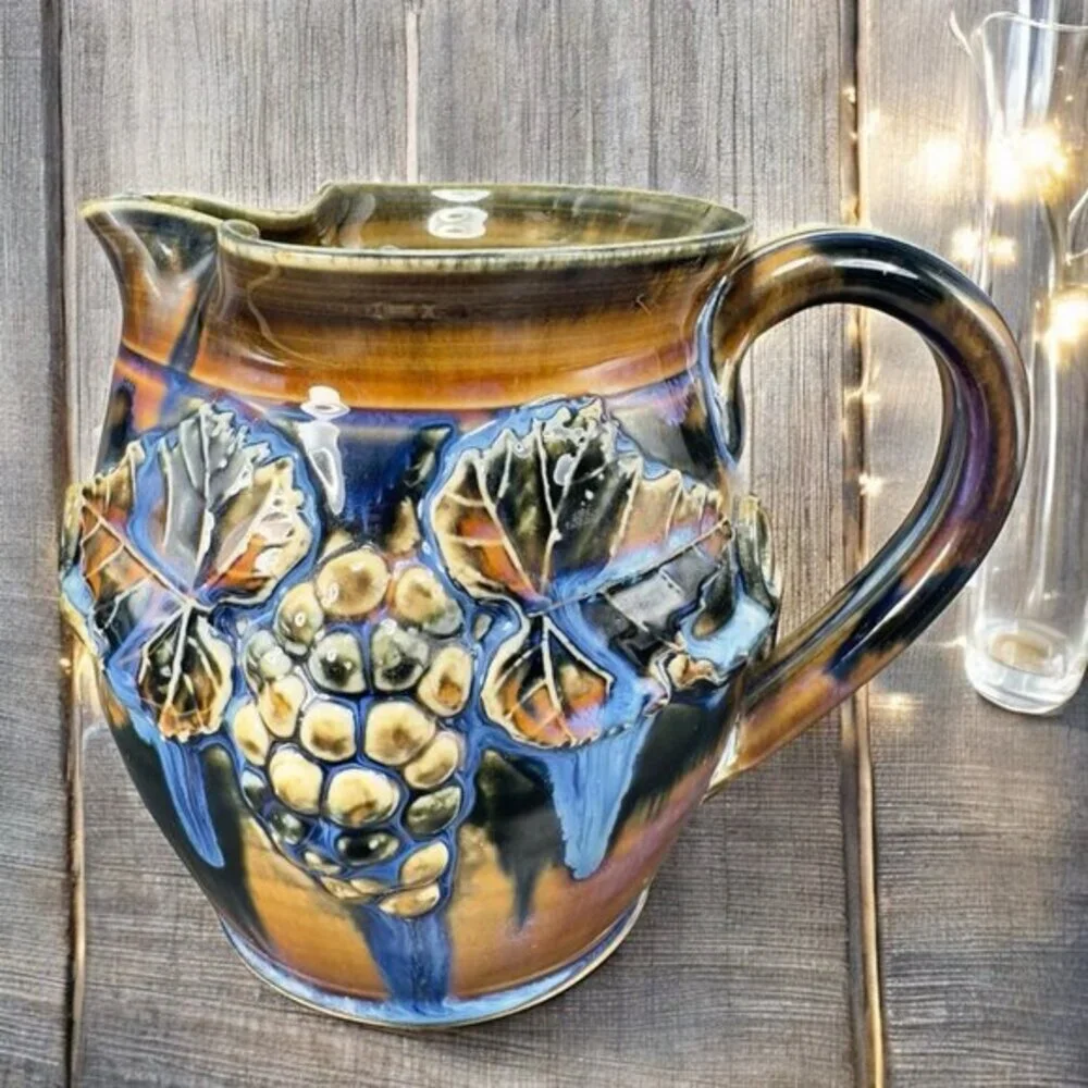 Greg Olson Studio Art Pottery Pitcher Carafe Jug Heavy Glaze Grape Signed‎ VTG